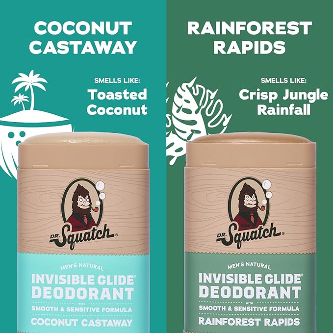 Dr. Squatch Invisible Glide Deodorant – Natural Smooth Roll On, No Stains, Aluminum Roll & Dermatologist-Tested Formula Suits Sensitive Skin – Coconut Castaway + Rainforest Rapids, 2.65oz (2-Pack)