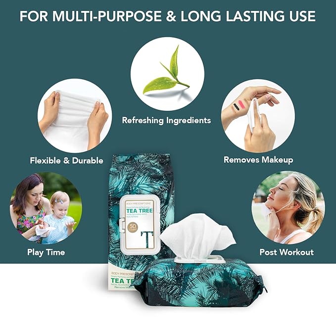 Body Prescription Makeup Cleansing Wipes - Gentle and Effective Face Wipes, 50 Count (Pack of 4), Tea Tree, Retinol, Micellar Water, and Vitamin C