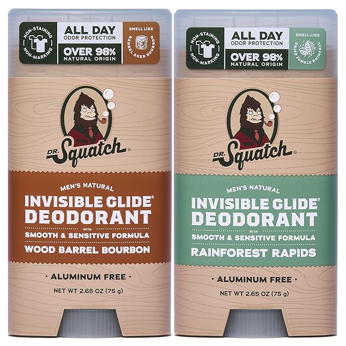 Dr. Squatch Invisible Glide Deodorant – Natural Smooth Roll On, No Stains, Aluminum Roll & Dermatologist-Tested Formula Suits Sensitive Skin – Wood Barrel Bourbon + Rainforest Rapids, 2.65oz (2-Pack)