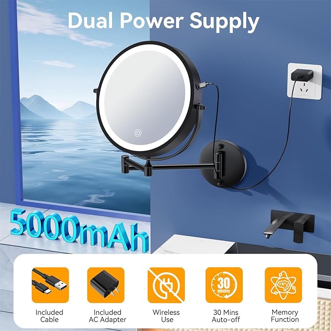9'' 30X/1X Wall Mounted Lighted Makeup Mirror, 5000mAh Rechargeable Double-Sided Magnifying Mirror with Light, Vanity Mirror Touch Dimmable 3 Colors 360° Rotation Extended Foldable Arm, Power Adapter