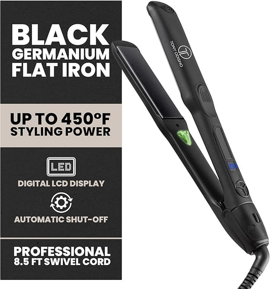 Black Germanium Flat Iron Hair Straightener – 1.25″ Floating Plates, Ionic Fast-Heat MCH, Digital 180–450°F, Frizz Control, 60-Min Auto Shutoff, 8.5-ft Swivel Cord, Salon Professional