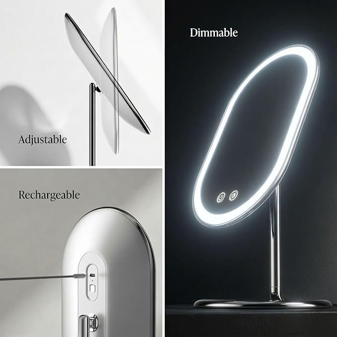 Fancii Vera LED Lighted Vanity Makeup Mirror, Rechargeable - Cordless Illuminated Cosmetic Mirror with 3 Dimmable Light Settings, Dual Magnification (Chrome)
