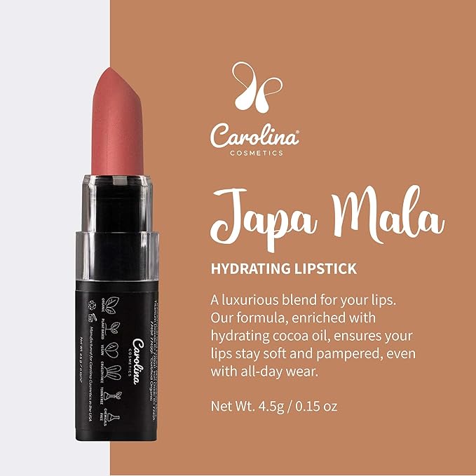 Plant-Based Moisturizing Lipstick - Japa Mala Shade 0.15oz- Hydrating with Cocoa Oil, Gluten-Free, Vegan, Non-GMO, Paraben-Free - Lightweight Cream Texture