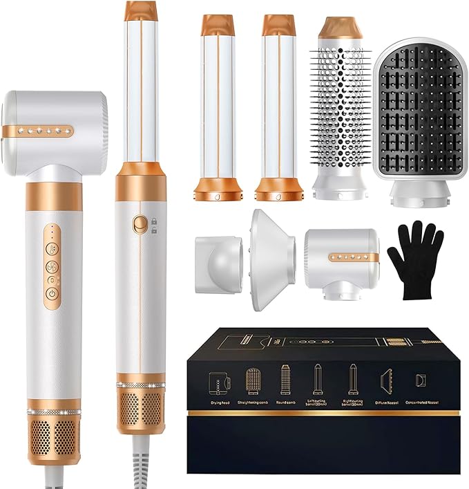7 in ONE Hair Dryer Brush, Powerful Blow Dryer Brush with Auto- Wrap Curler, Detachable Fast Drying, Volumizing, Curling, Straightening, Ionic Hair Dryer with Diffuser, Hair Styling Tools 100-120V