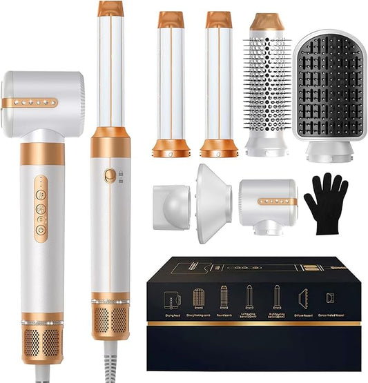 7 in ONE Hair Dryer Brush, Powerful Blow Dryer Brush with Auto- Wrap Curler, Detachable Fast Drying, Volumizing, Curling, Straightening, Ionic Hair Dryer with Diffuser, Hair Styling Tools 100-120V