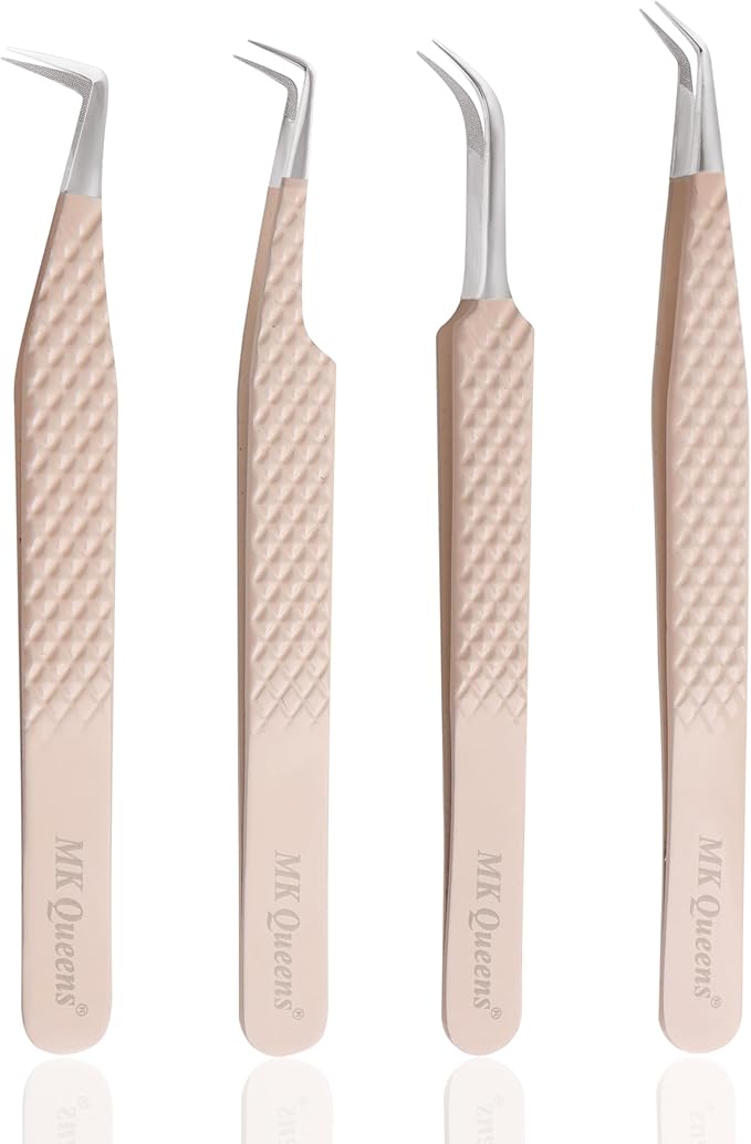 Fiber Tip Lash Tweezers For Eyelash Extension Tweezers Professional Eyelash Extension Tweezer - Set of 4 Pcs Diamond Grip Stainless Steel Fiber Tweezer (4, Peach)