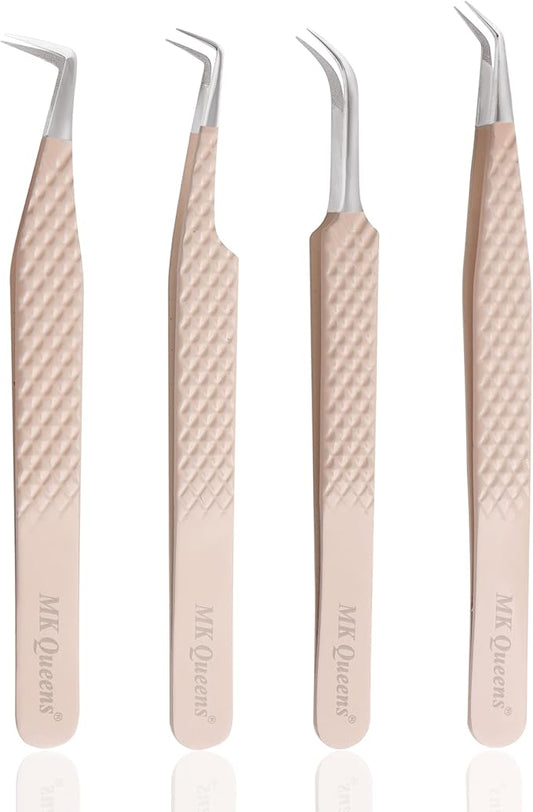 Fiber Tip Lash Tweezers For Eyelash Extension Tweezers Professional Eyelash Extension Tweezer - Set of 4 Pcs Diamond Grip Stainless Steel Fiber Tweezer (4, Peach)