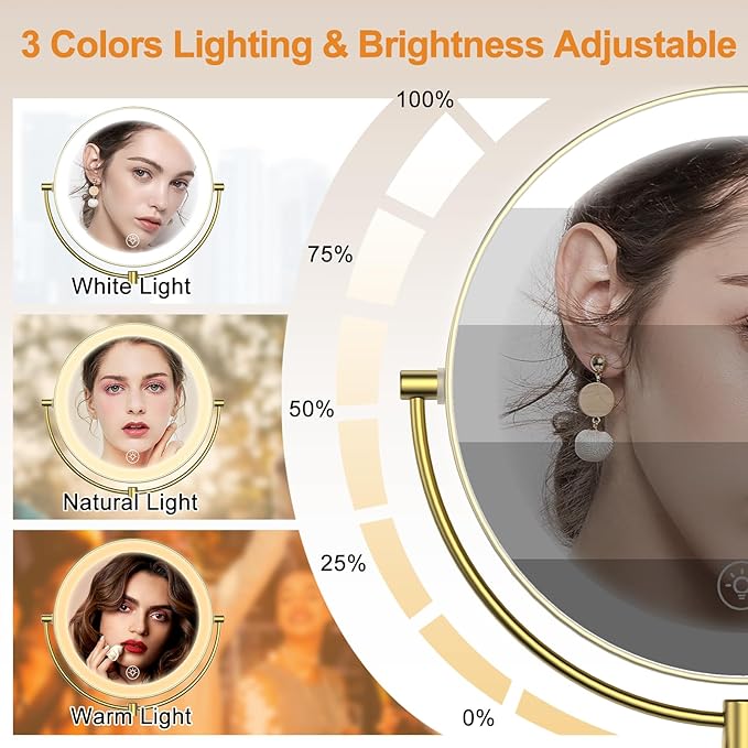 Gospire 9” Wall Mounted Lighted Magnifying Mirror, 1X/10X Magnification Double-Sided LED Bathroom Mirror, 3 Color Lights & Stepless Dimming with Touch Sensor, Extendable Arm 360° Swivel for Shaving