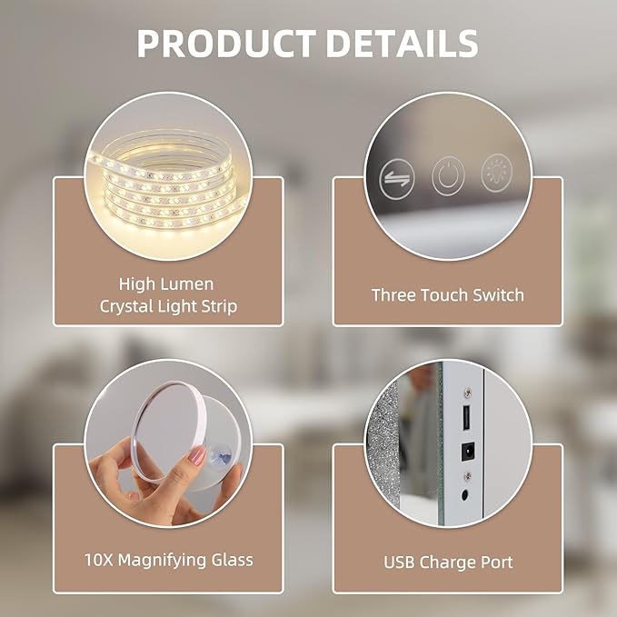 Misavanity Vanity Mirror with Lights Tempered Glass 22.8" x 18.1" Lighted Makeup Mirror with Light Strip Crushed Crystal 3 Colors Modes Dimmable Lights USB Charging Port and 10X Magnification, White