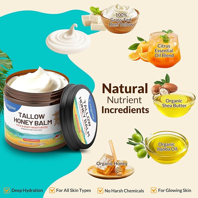 Beef Tallow for Skin - 100% Grass Fed - Whipped Tallow and Honey Balm，Moisturizer Cream for Face & Body -Natural Organic Formula for Dry & Sensitive Skin (Citrus Breeze) (4 oz)