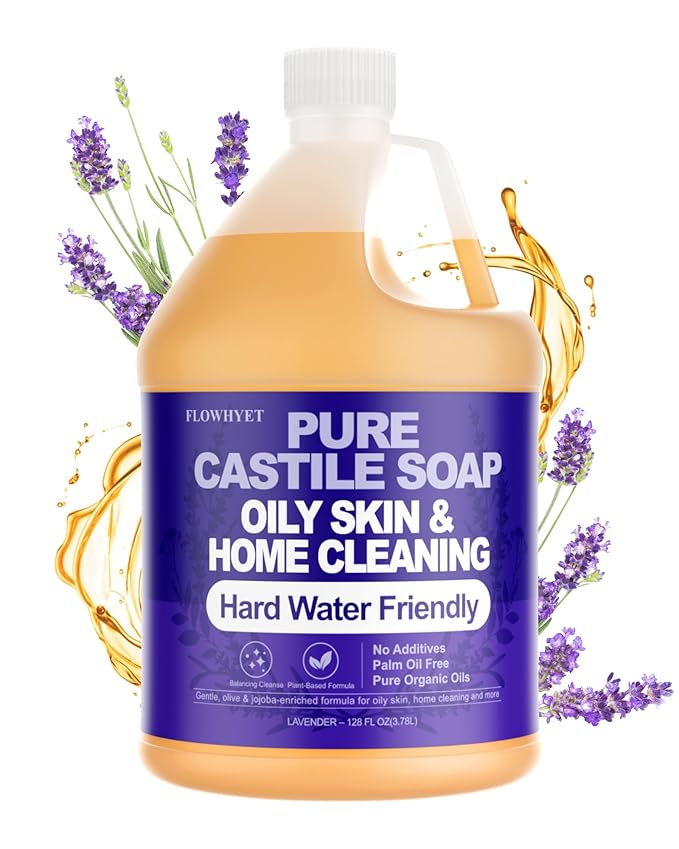 Pure Castile Soap Liquid Lavender 1 Gallon (128 fl oz) Refill – Natural Organic Body Wash, Hard Water Friendly Bath Soap Liquid for Oily Skin,Body,Face, Laundry & Home Cleaning