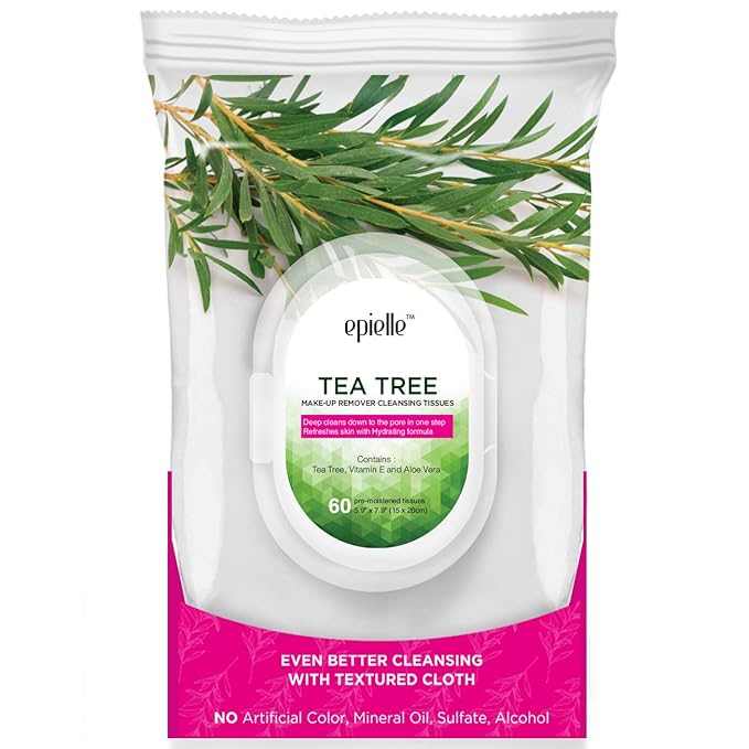 Epielle Tea Tree Makeup Remover Wipes, Gentle Daily Facial Cleanser Towelettes, Remove Dirt, Oil & Waterproof Mascara, Stocking Stuffers, 60 Count (Pack of 2)