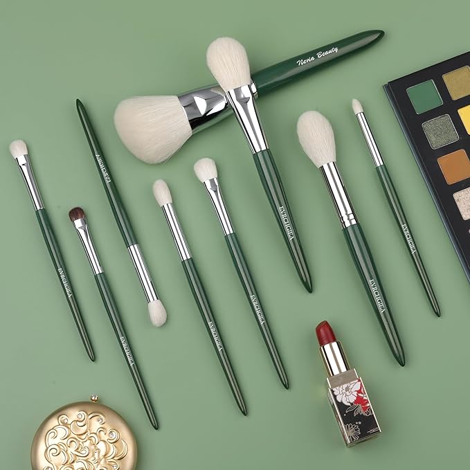 Natural Real Goat Hair Makeup Brushes Set Labeled 9 Piece Face and Eye Brush Set Ultra soft hair Foundation, Concealer, Blush, Contour, Blending, Eyeshadow Kabuki travel makeup brush set (green)