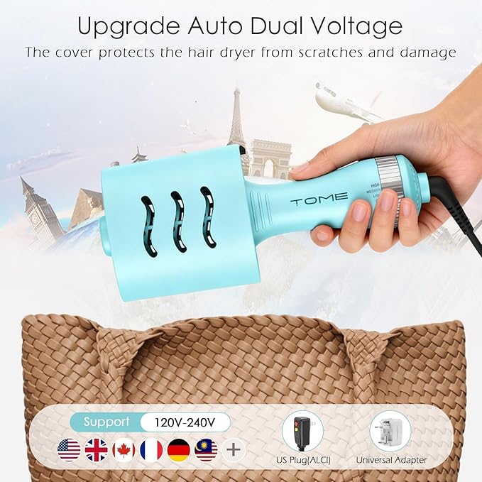 Tome Travel Hair Dryer Brush, Dual Voltage Blow Dryer Brush, Mini Hot Air Portable 2 inch Travel Hair Dryer Styler Volumizer Oval Shape (Blue)