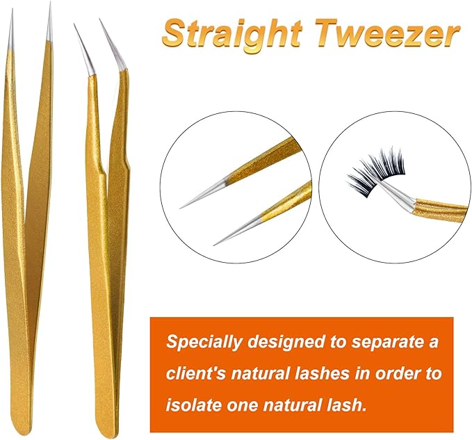 2 Pieces Straight and Curved Tip Tweezers Eyelash Extension Tweezers, Stainless Steel False Lash Application Tools (Gold)