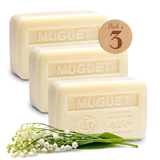 Lily Of The Valley Soap Bars 3xPack – Enriched With Organic Shea Butter - 97% Natural Ingredients - Traditionally Made - French Milled in Provence - Gentle For Skin – 3x8.8 oz - La Maison Du Savon