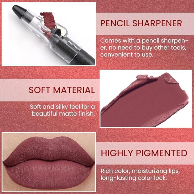 Rust Red Crayon Matte Lipstick Lip Liner Pencil, Moisture Smooth Lipstick Penil, With Pencil Sharpener Sharpenable Lip Pen Ultimate Lip Crayon for Women Easy to Apply Waterproof 02#