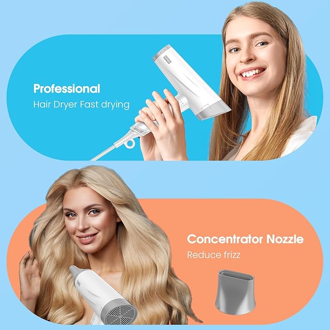 High Speed Ionic Hair Dryer, Professional Blow Dryer 110,000 RPM Fast Drying, 1875W Hairdryer with Concentrator Nozzle, 2 Temps & 3 Speeds, for Home Salon Travel