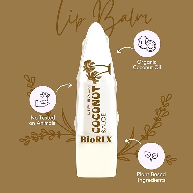 BioRLX 99% Purity Aloe Vera Lip Balm - Natural Moisturizing Unisex Lip Care for Hydrated and Radiant Lips (Coconut Oil, 0.12 Ounce (Pack of 2))