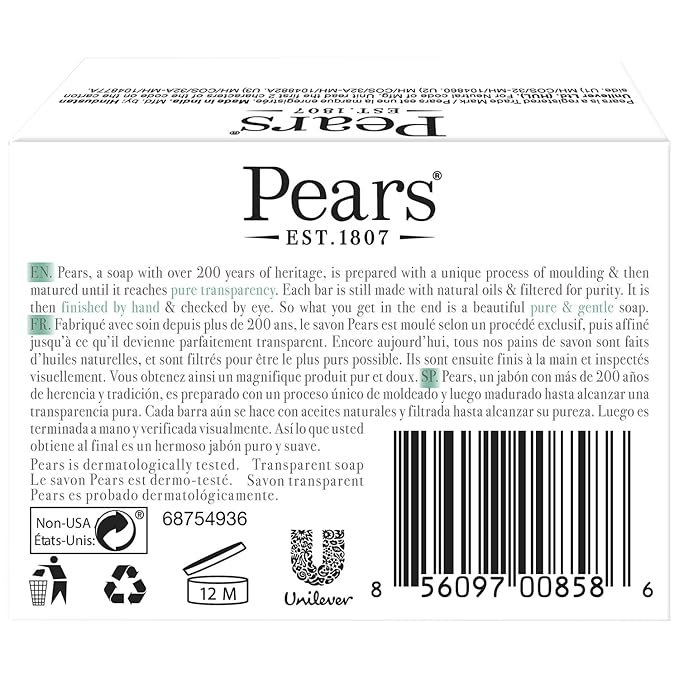 Pears Soap, Pure & Gentle with Lemon Flower Extract, 2-Pack – Transparent Green Glycerin Soap for Radiant, Glowing Skin, 3.53 Oz Ea