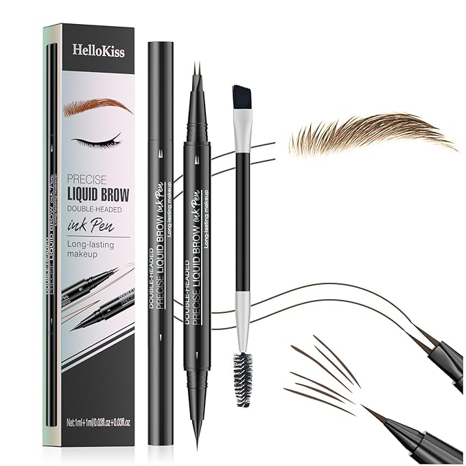 2 Prong Tip Microblading Eyebrow Pen With Brush- 2-in-1 Waterproof Eyebrow Pencil, Long-Lasting Natural Hair-Like Brows, Smudge-Proof & Easy to Use (With Brush 02#Brown)