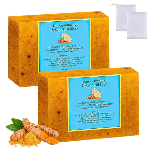 Lemon Turmeric Kojic Soap - Turmeric Soap Bar for Face and Body, Natural Handmade Soaps Bar for All Skin Types, Daily Use Skin Care Deep Cleansing Moisturizing (2pcs)
