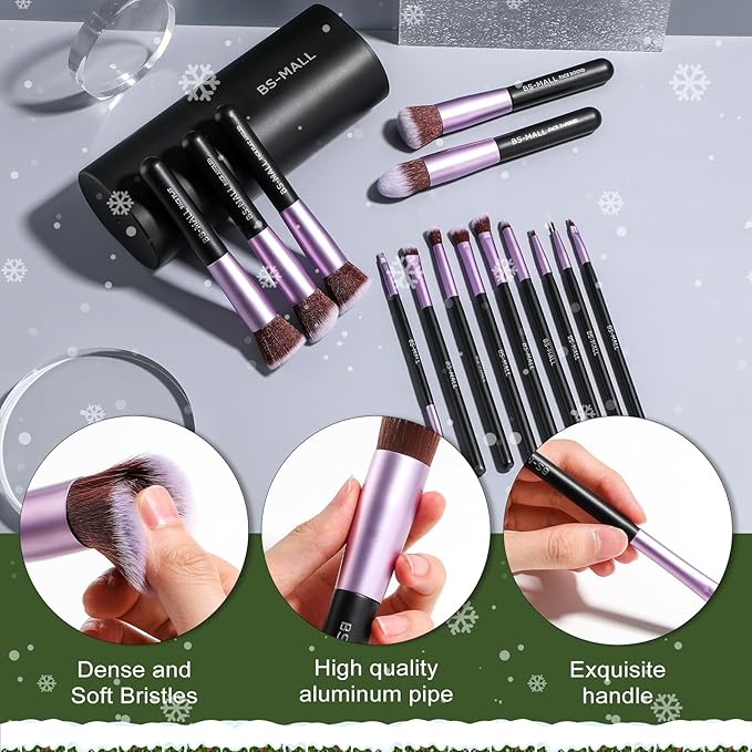 BS-MALL Makeup Brushes Premium Synthetic Foundation Powder Concealers Eye Shadows 14 Pcs Purple for Makeup Beginner or Professional with Travel Case