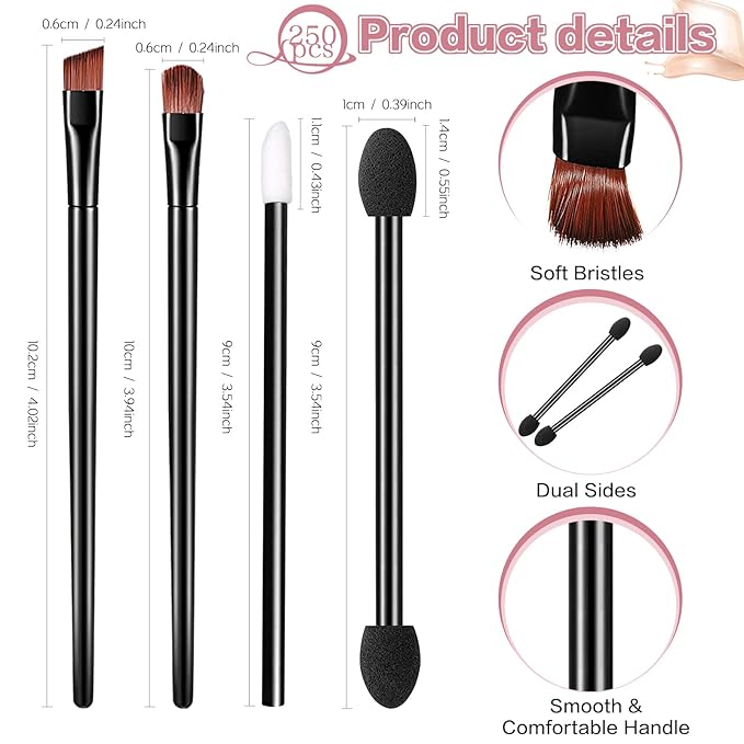 250 Piece Disposable Eyebrow Brush Set - 100 Angled/Round Eyebrow Brushes, 50 Double-End Eyeshadow Brushes, 100 Lip Brushes for Women & Girls Salon Beauty Cosmetic Makeup Tool