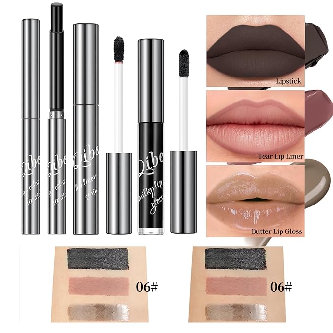 3 in 1 Peel Off Lip Liner Stain Tattoo, Matte Lipstick and Butter Lip Gloss Set, Long-lasting Nonstick Cup Smudge Proof Lip Kits, for Natural Glossy Lip Makeup and Velvet Goth Makeup