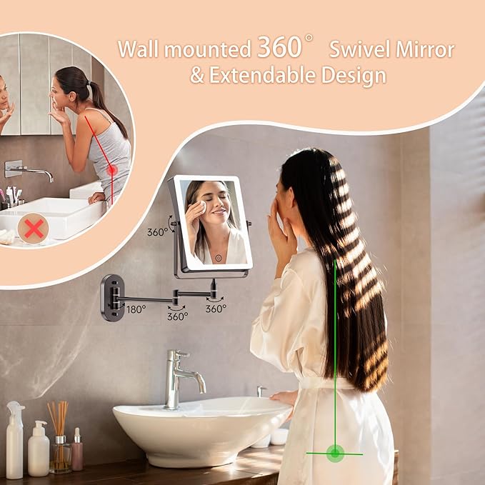FASCINATE 5000mAh Rechargeable Wall Mounted Makeup Mirror, 8.7" Double Sided Touch Switch 1X 30X Rectangle Wall Mounted Magnifying Mirror with Light, 3 Color Setting, Extended Arm 360° Foldable Bronze