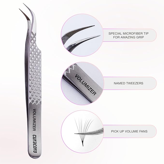 Curacoro Lash Tweezer - Professional & Precision Fiber Tip Grip Lash Tweezers for Eyelash Extensions, Multi Shapes & Purposes Tweezers for Volume, Isolation & Classic Lashes (Silver, Volumizer)