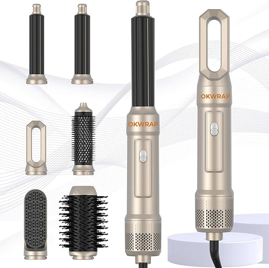6 in ONE Blow Dryer Brush,Air Curling Iron Round Brush Blow Dryer 800W,Ionic Hair Dryer Brush for Women, Hot Air Brush Hair Styling Tools 100-120V (Golden Champagne)
