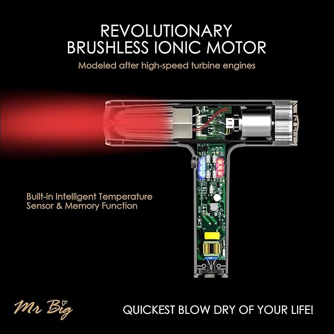 Mr Big Hair Dryer Italian Style Professional Ionic Anti Frizz with Intelligent Temperature Sensor, Lightweight at 12oz, Self-Cleaning Brushless Motor, T-Shaped, Insanely Powerful Air Flow 120,000 RPMs