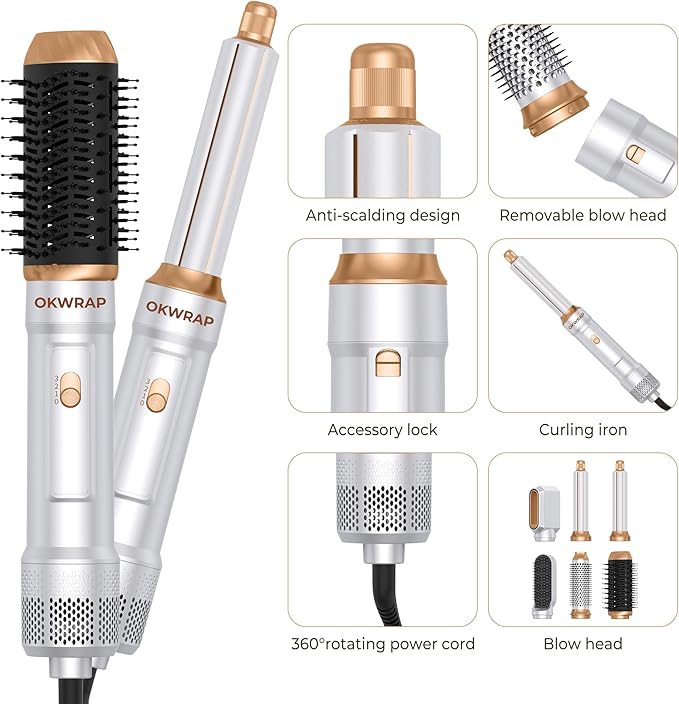 6 in ONE Blow Dryer Brush, Curling Wand Hair Styling Tools Set, Ionic Hot Air Hair Dryer, Massage Oval Hair Dryer, Left&Right Hair Curlers 100-120V (White)