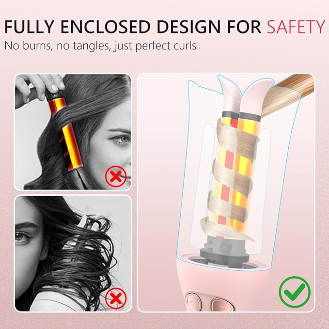 Ufree Automatic Curling Iron - 1-Click Rotating Hair Curler with 3 Temp & Timers, 360° Anti-Scald Design, 1M Ionic Hair Care, Dual Voltage Auto Hair Curler for Beach Waves, Pink