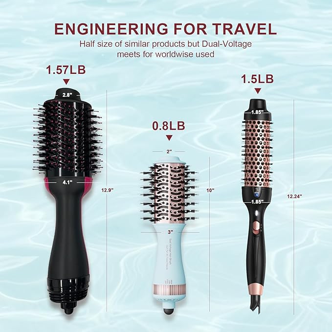Travel Dual Voltage Hair Dryer Brush 4-in-1 Portable Mini Hot Air Blow Dryer Straightener & Curler Brush, Titanium Round Blowout Styler Volumizer Tools, 110/240V US/EU/UK -Baby Blue & Rose Gold
