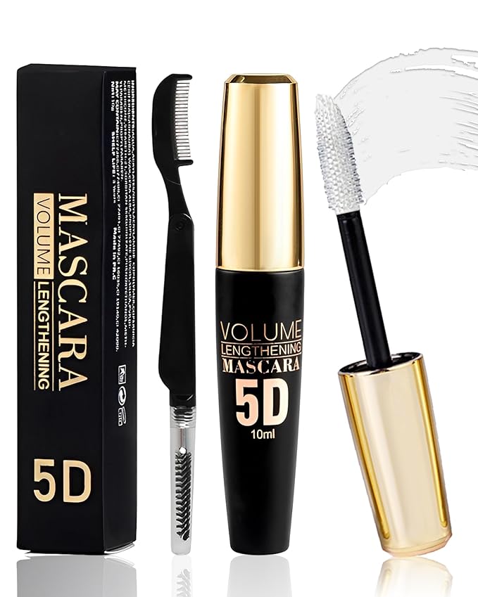 White Waterproof Mascara Primer for Eyelash, 5D Silk Fiber Lashes Extension Colored Tube Mascara with Eyelash Brush, Long Lasting Smudge-proof Volumizing Lengthening, Eye Makeup Party Gift for Women