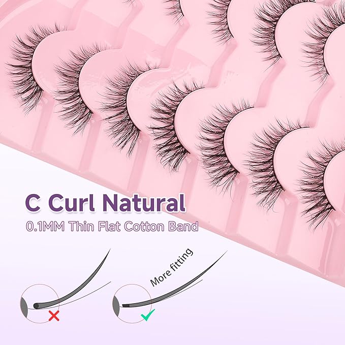 Natural Cat Eye Lashes - 14mm Wispy Eyelashes with Thin Band, 3D Volume, Soft Strip Lashes Pack C Curl - 7 Pair