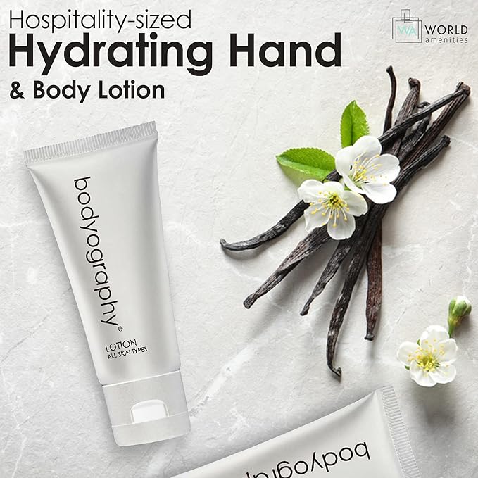 Bodyography blanc- Bulk Hand and Body Lotion | 300 Count | Vanilla White Tea, Mini Travel Size Toiletries (100% Recyclable Tube with Flip Top Cap) Hotel Amenities, for All Skin Types