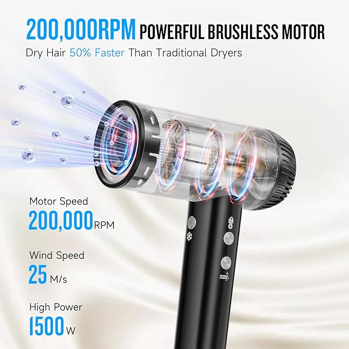 2025 Updated Hair Dryer, 200000 RPM High Speed Blow Dryer with Diffuser for Women, 1000 Million Ionic Hair Dryer with Brushless Motor, Low Noise Hair Blow Dryer for Curly Hair Dog Salon Travel, Black