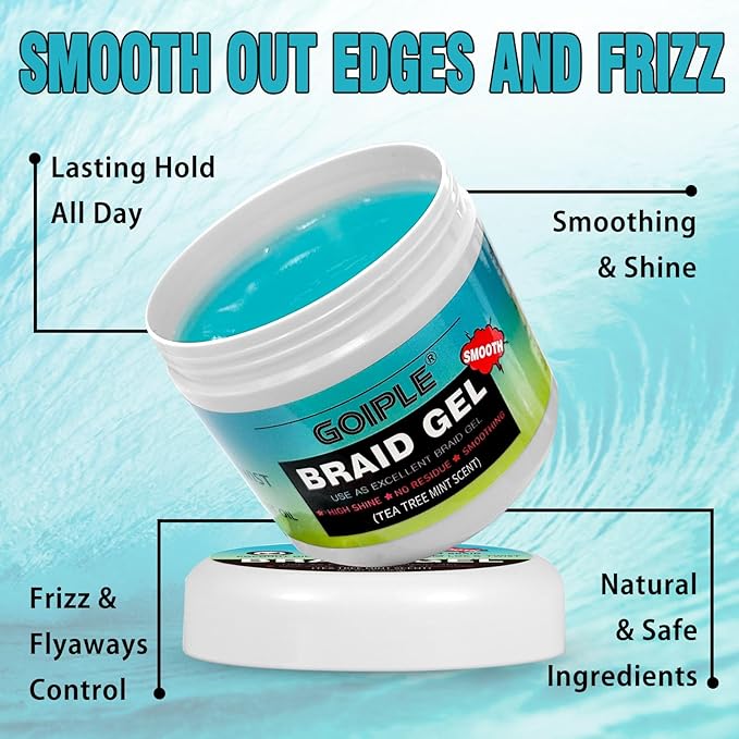 Goiple Braiding Gel Good for Twist, Locs, Braids, Edge No Flake Extra Hold High Shine Braid Gel & Edge Control, Loc Gel Long Lasting for Locks, Cornrows Smooths & Tames Frizz (Tea Tree)16 OZ, Blue
