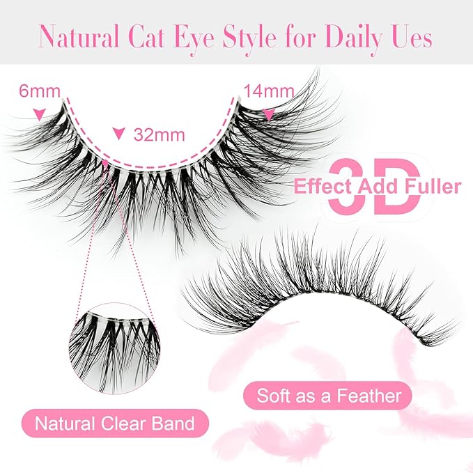 Faux Mink Lashes Fluffy Wispy Natural Look 14mm False Lashes Strip Clear Band 14 Pairs False Eyelashes 3D Full Dramatic Cat Eye Fake Eyelashes by EMEDA(FF4）