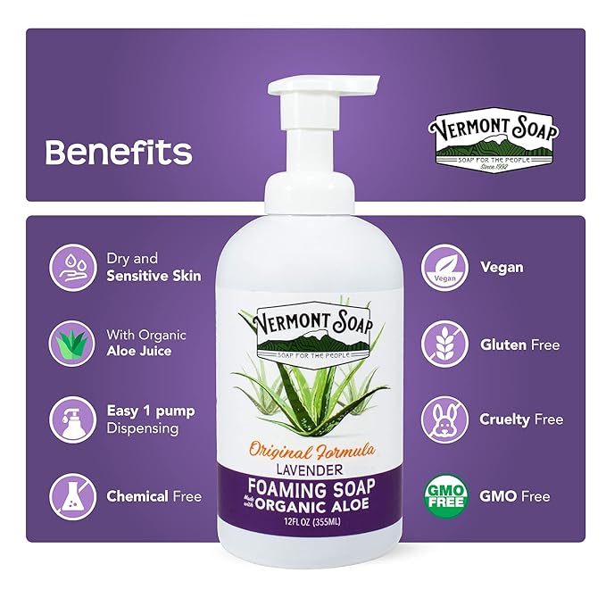VERMONT SOAP Organic Lavender Foaming Hand Soap - Natural Moisturizing Soap for Dry Skin - Fragrance Free Liquid Bathroom Hand Soap Dispenser - Lavender - 12 oz