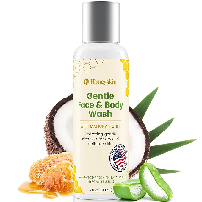Honeyskin Face and Body Wash Moisturizer for Acne and Sensitive Skin Body Wash with Manuka Honey - Hydrating Facial Cleanser for Dry and Sensitive Skin and Anti-Aging Skincare for Men and Women (4oz)
