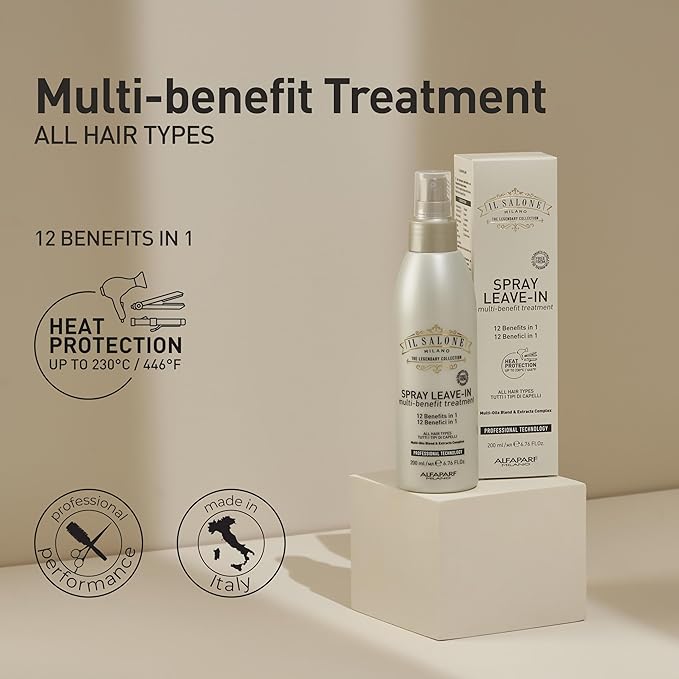 Il Salone Milano Professional 12-In-1 Leave In Hair Treatment - Heat Protectant + Detangling Spray with Frizz Control - Repairs Hair Breakage with Olive & Almond Oil (200 ml)