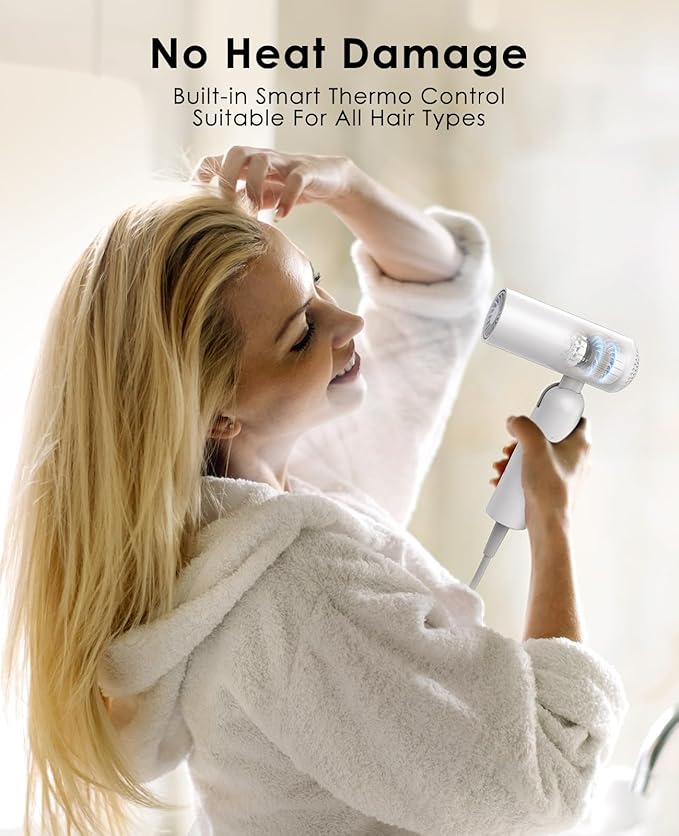 Travel Hair Dryer, Dual Voltage with Auto-Sensing, 1B Plasma Particles, 200times/s Temp Control, Portable Blow Dryer with Single-Sided Comb, White