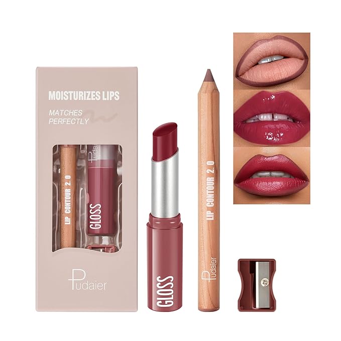 2Pcs Lipstick and Lip Liner Combo, Lip Liner and Lip Gloss Kit for Women, Matte Lip Pencil and Smooth Hydrating Lipstick with Sharpener, Non-Stick Lip Makeup Set