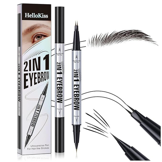 2 Prong Tip Microblading Eyebrow Pen - 2-in-1 Waterproof Eyebrow Pencil, Long-Lasting Natural Hair-Like Brows, Smudge-Proof & Easy to Use (05#Black)