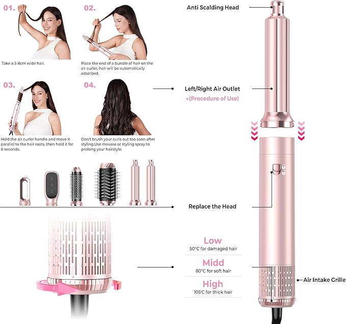 6 in 1 Hair Dryer Brush, Detachable Air Styler, 3 Heat Settings Blow Dryer Brush Frizz-Free Volumizing, Straightening, Curling ALCI Safety Plug for Travel & Home Styling (Pink-A)