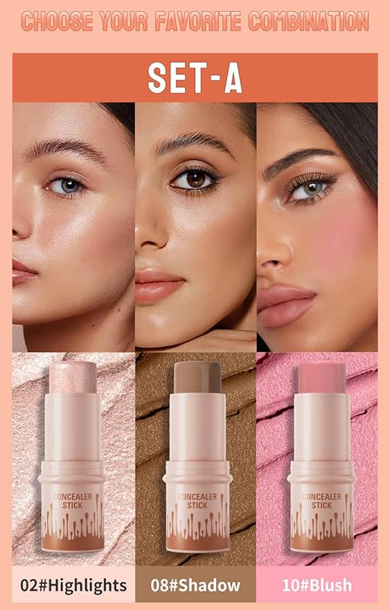 3Pcs Contour Stick Set-Creamy Contour Stick with Blush & Highlighter & Bronzer Not Greasy, Long-Lasting, Waterproof, Contouring Pen Easy to Contour the Face (A)